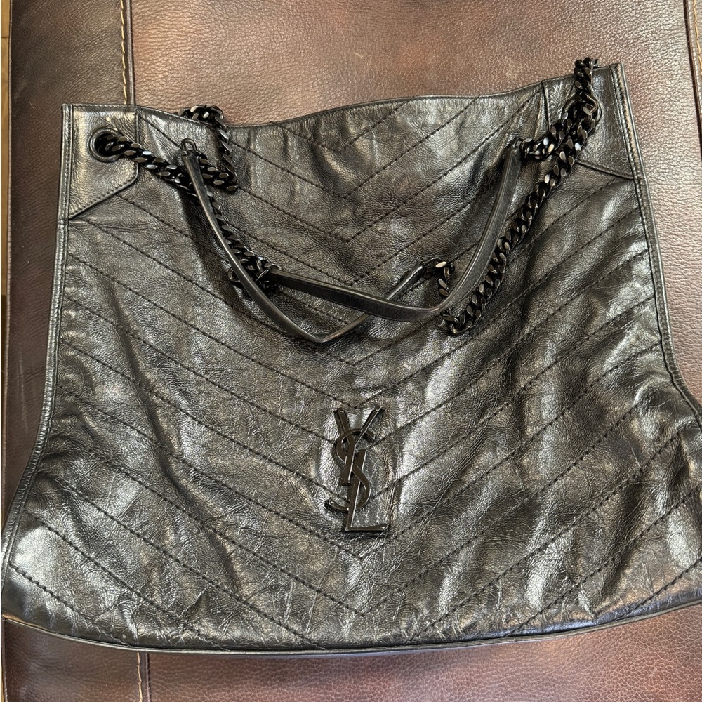 Women’s YSL black calf skin crinkle tote